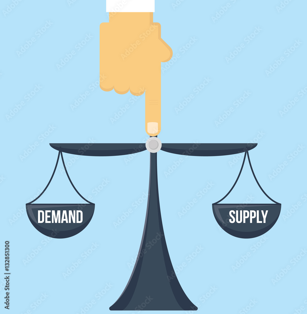 Balance of supply and demand scale with invisible hand of market vector