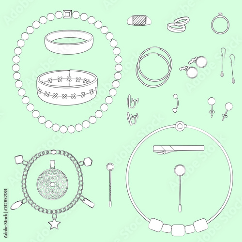 Set of jewelry illustrations. Light green background, white objects, black outline. Isolated images for your design. Vector. photo