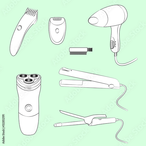 Set of beauty electric equipment illustrations. Light green background, white objects, black outline. Isolated images for your design. Vector.