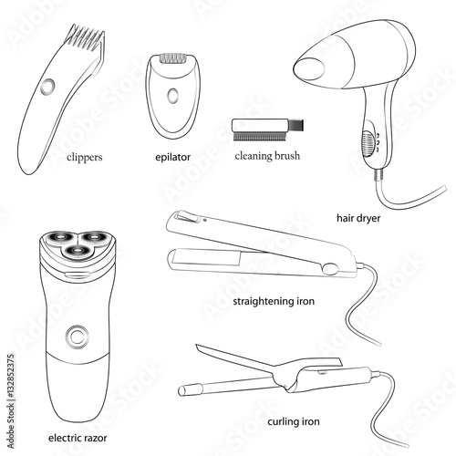 Fototapeta Naklejka Na Ścianę i Meble -  Set of beauty electric equipment illustrations. White background, white objects, black outline, names. Isolated images for your design. Vector.