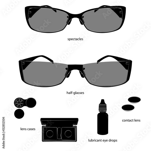Set of glasses and lens illustrations. White background, black objects, white outline, names. Isolated images for your design. Vector.