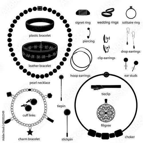 Set of jewelry illustrations. White background, black objects, white outline, names. Isolated images for your design. Vector. photo
