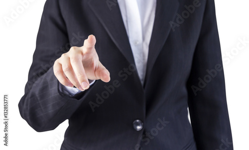 Business woman wagging something on white background