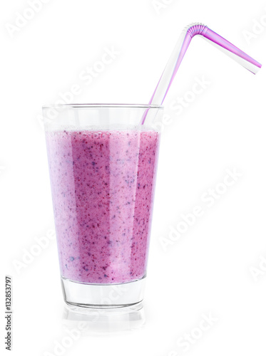 Glass of blueberry smoothie isolated on white