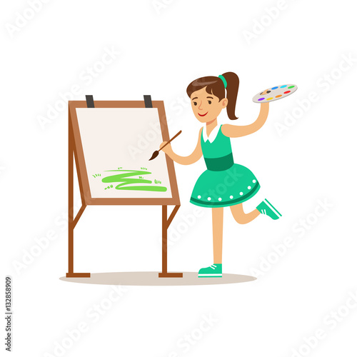 Girl Painting, Creative Child Practicing Arts In Art Class, Kids And Creativity Themed Illustration