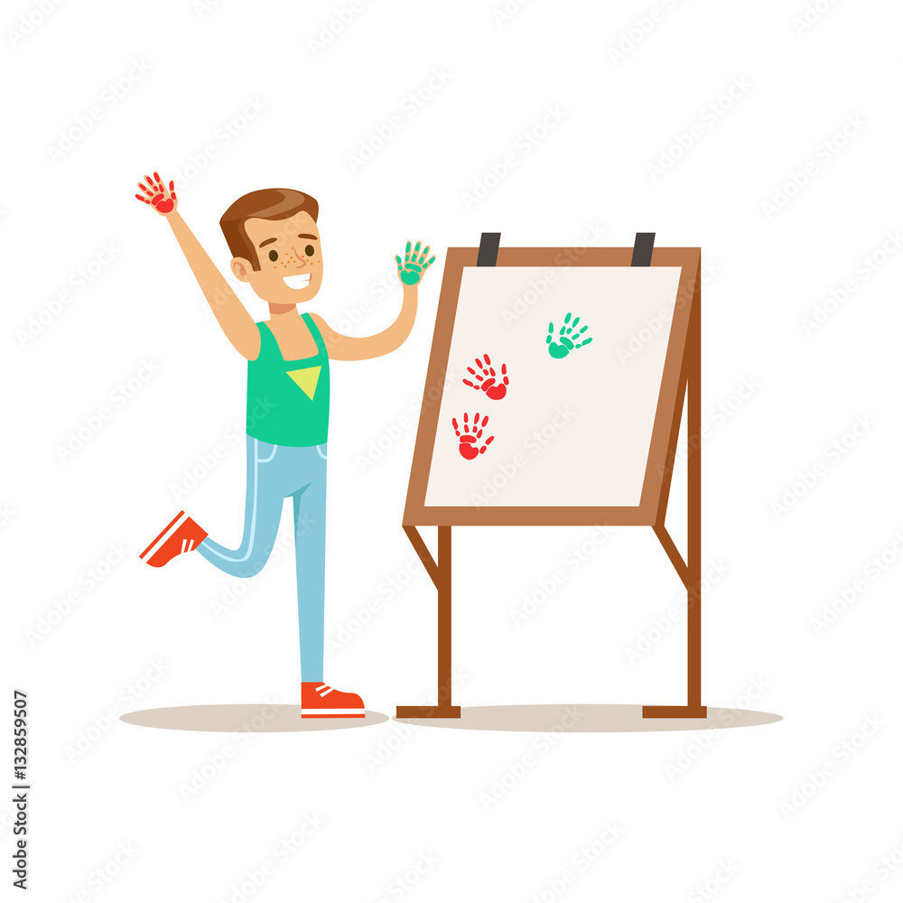 Boy Painting With Hands, Creative Child Practicing Arts In Art Class, Kids And Creativity Themed Illustration