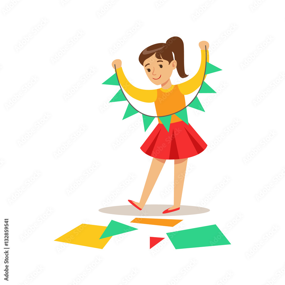 Girl Doing Paper Garland, Creative Child Practicing Arts In Art Class, Kids And Creativity Themed Illustration Girl Doing Paper Garland, Creative Child Practicing Arts In Art Class, Kids And Creativity Themed Illustration