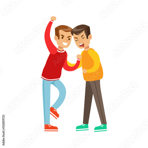 Two Boys Fist Fight Positions, Aggressive Bully In Long Sleeve Red Top Fighting Another Kid Holding Him By Shirt