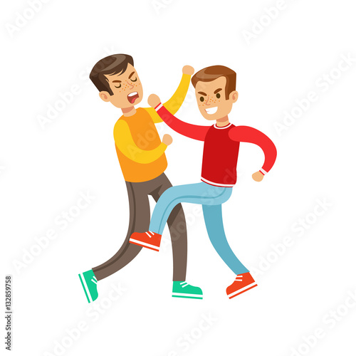 Two Boys Fist Fight Positions, Aggressive Bully In Long Sleeve Red Top Fighting Another Kid Who Is Fighting Back