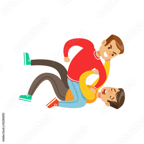 Two Boys Fist Fight Positions, Aggressive Bully In Long Sleeve Red Top Fighting Another Kid Pushing Him To The Ground
