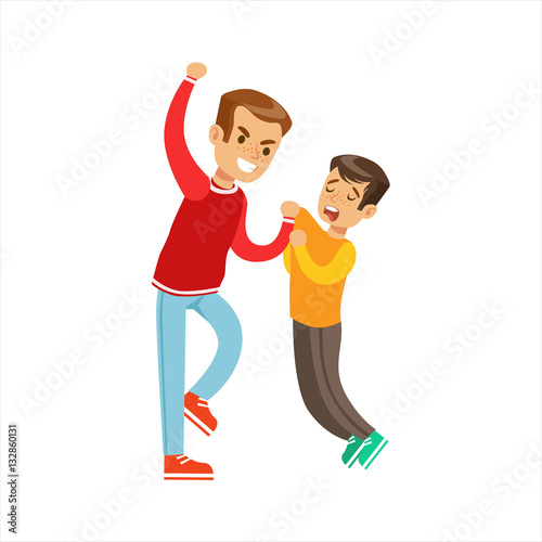 Two Boys Fist Fight Positions, Aggressive Bully In Long Sleeve Red Top Fighting Another Kid Who Smaller And Weaker