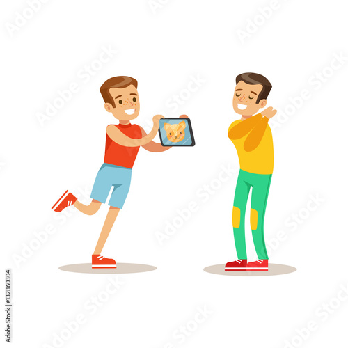 Boy Showing Tablet To Friend, Child And Gadget Illustration With Kid Watching And Playing Using Electronic Device
