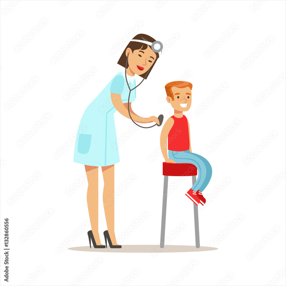 Boy Checked With Sthetoscope On Medical Check-Up With Female Pediatrician Doctor Doing Physical Examination For The Pre-School Health Inspection Boy Checked With Sthetoscope On Medical Check-Up With Female Pediatrician Doctor Doing Physical Examination For The Pre-School Health Inspection