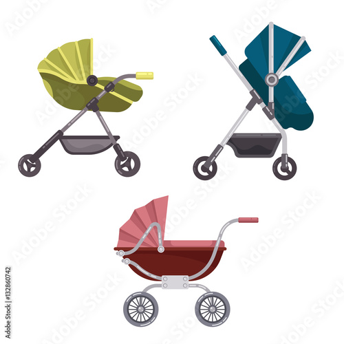 Baby carriage or buggy, folding stroller icons