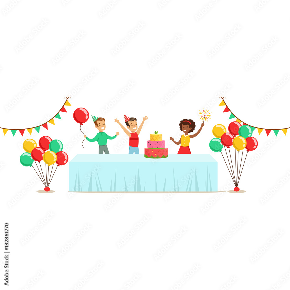 Children With The Decorated Table, Kids Birthday Party Scene With Cartoon  Smiling Character Stock Vector | Adobe Stock