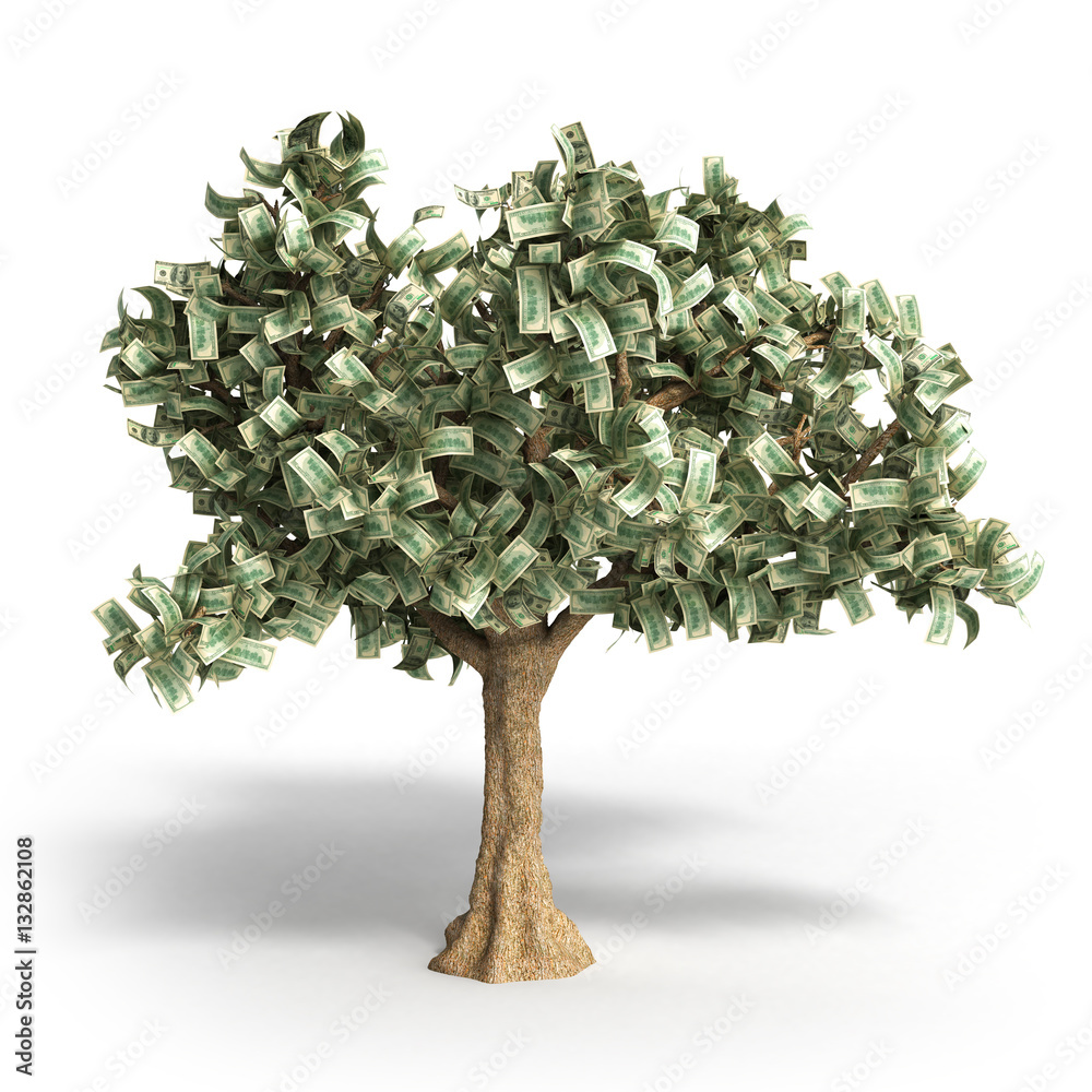 dollar tree with hundred dollar bills Isolated over white 3d ill