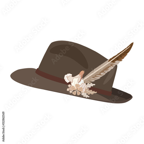 Vector illustration of hunting hat with feather and metal decoration, flat design