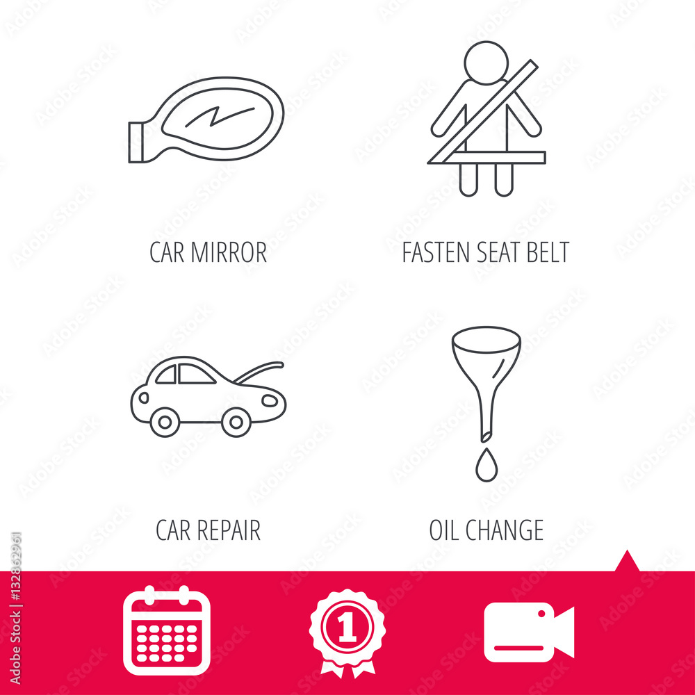 Achievement and video cam signs. Car mirror repair, oil change and seat belt icons. Fasten seat belt linear sign. Calendar icon. Vector Achievement and video cam signs. Car mirror repair, oil change and seat belt icons. Fasten seat belt linear sign. Calendar icon. Vector