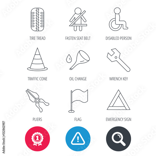Achievement and search magnifier signs. Tire tread, traffic cone and wrench key icons. Emergency triangle, flag and pliers linear signs. Disabled person icons. Hazard attention icon. Vector