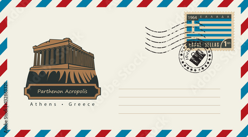 an envelope with a postage stamp with Acropolis Parthenon in Athens, and the flag of Greece