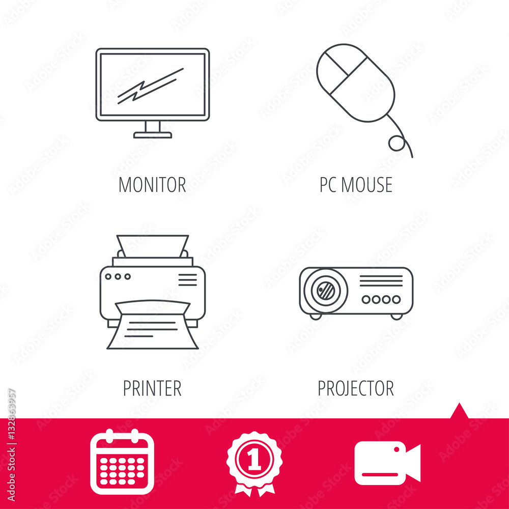 Achievement and video cam signs. Monitor, printer and projector icons. PC mouse linear sign. Calendar icon. Vector