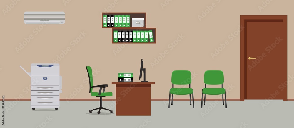 Workplace of office worker. There is a table, green chairs, a copy machine, a conditioner, shelves for documents and other objects in the picture. Vector flat illustration. Workplace of office worker. There is a table, green chairs, a copy machine, a conditioner, shelves for documents and other objects in the picture. Vector flat illustration.