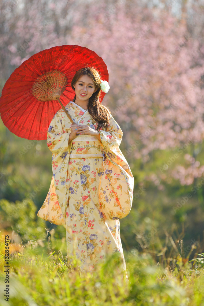 Asian woman wearing traditional japanese kimono,Japan sakura ,Japan kimono  Stock Photo | Adobe Stock