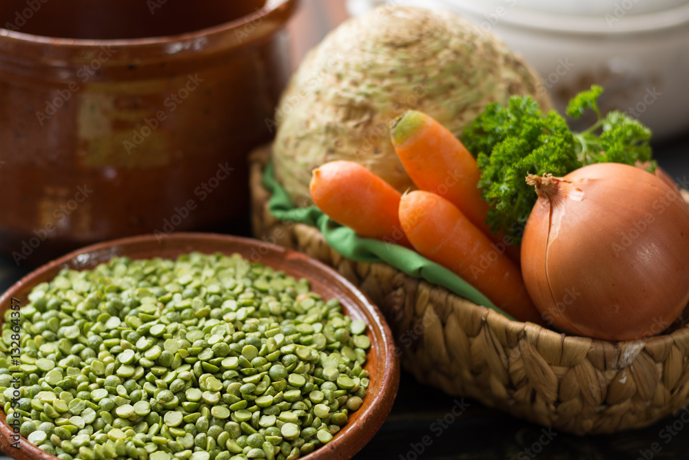 Ingredients for dried split pea vegetarian soup. Ingredients for dried split pea vegetarian soup.