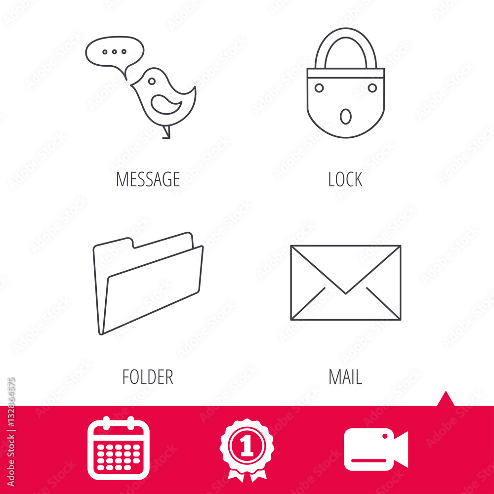 Achievement and video cam signs. Lock, folder hand and e-mail icons. Bird message linear sign. Calendar icon. Vector Achievement and video cam signs. Lock, folder hand and e-mail icons. Bird message linear sign. Calendar icon. Vector