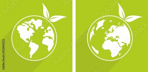 Eco recycling vector icon, sign or earth day sticker with green sprouts. World globe with long shadow