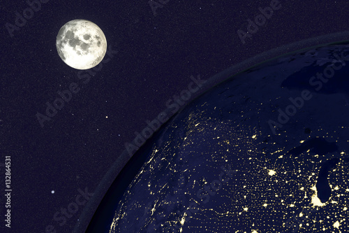 Night Earth and moon, 3D illustration. USA in night. Elements of this image furnished by NASA