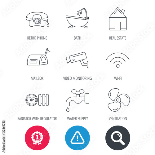 Achievement and search magnifier signs. Wifi, video camera and mailbox icons. Real estate, bath and water supply linear signs. Radiator with heat regulator, phone icons. Hazard attention icon. Vector