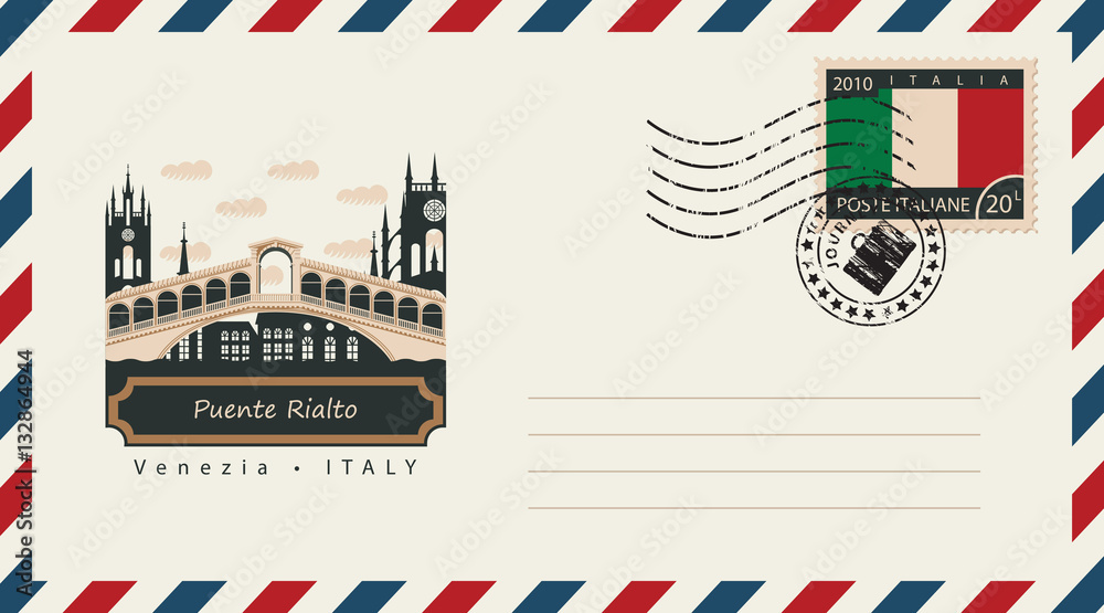 Obraz premium an envelope with a postage stamp with Venice Puente Rialto, and the flag of Italy