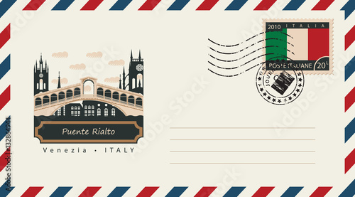 an envelope with a postage stamp with Venice Puente Rialto, and the flag of Italy