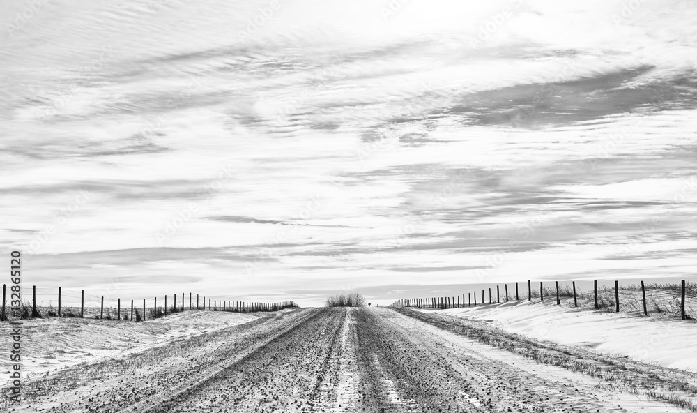 A gravel road on slight incline dividing fenced pasture land under cloudy sky in a desolate black and white countryside landscape at midday