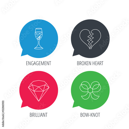Colored speech bubbles. Broken heart, brilliant and engagement ring icons. Bow-knot linear sign. Flat web buttons with linear icons. Vector