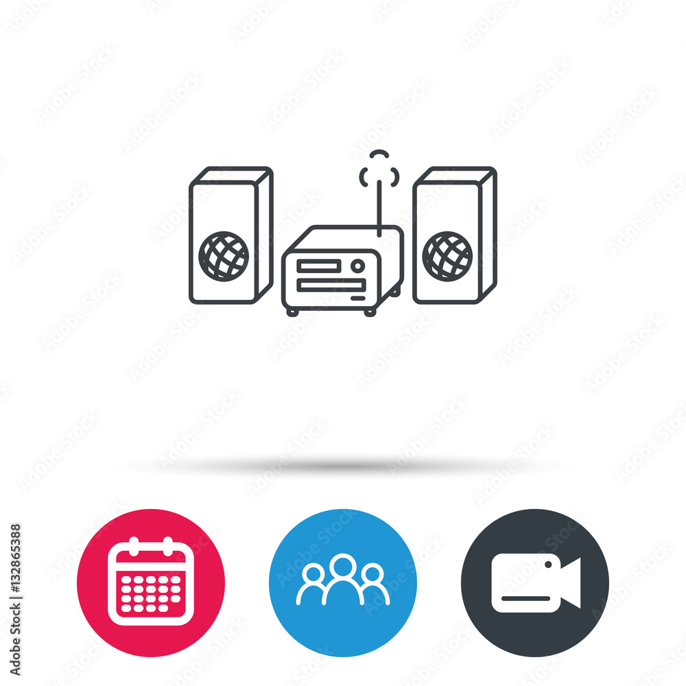 Music center icon. Stereo system sign. Group of people, video cam and calendar icons. Vector Music center icon. Stereo system sign. Group of people, video cam and calendar icons. Vector