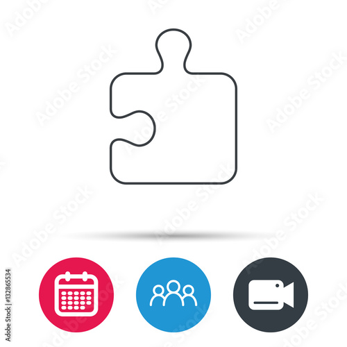 Puzzle icon. Jigsaw logical game sign. Boardgame piece symbol. Group of people, video cam and calendar icons. Vector
