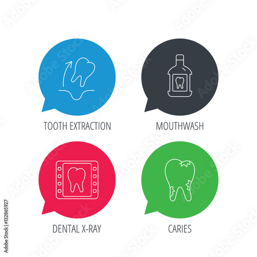 Colored speech bubbles. Tooth extraction, caries and mouthwash icons. Dental x-ray linear sign. Flat web buttons with linear icons. Vector