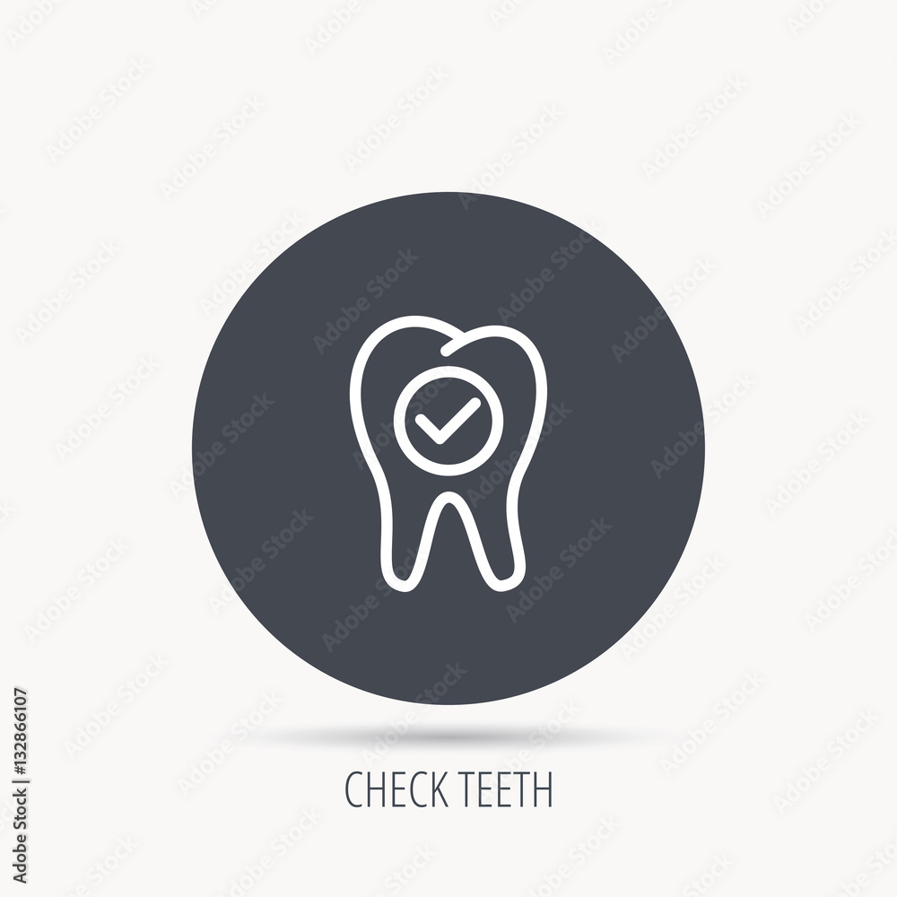 Check tooth icon. Stomatology sign. Dental care symbol. Round web button with flat icon. Vector Check tooth icon. Stomatology sign. Dental care symbol. Round web button with flat icon. Vector