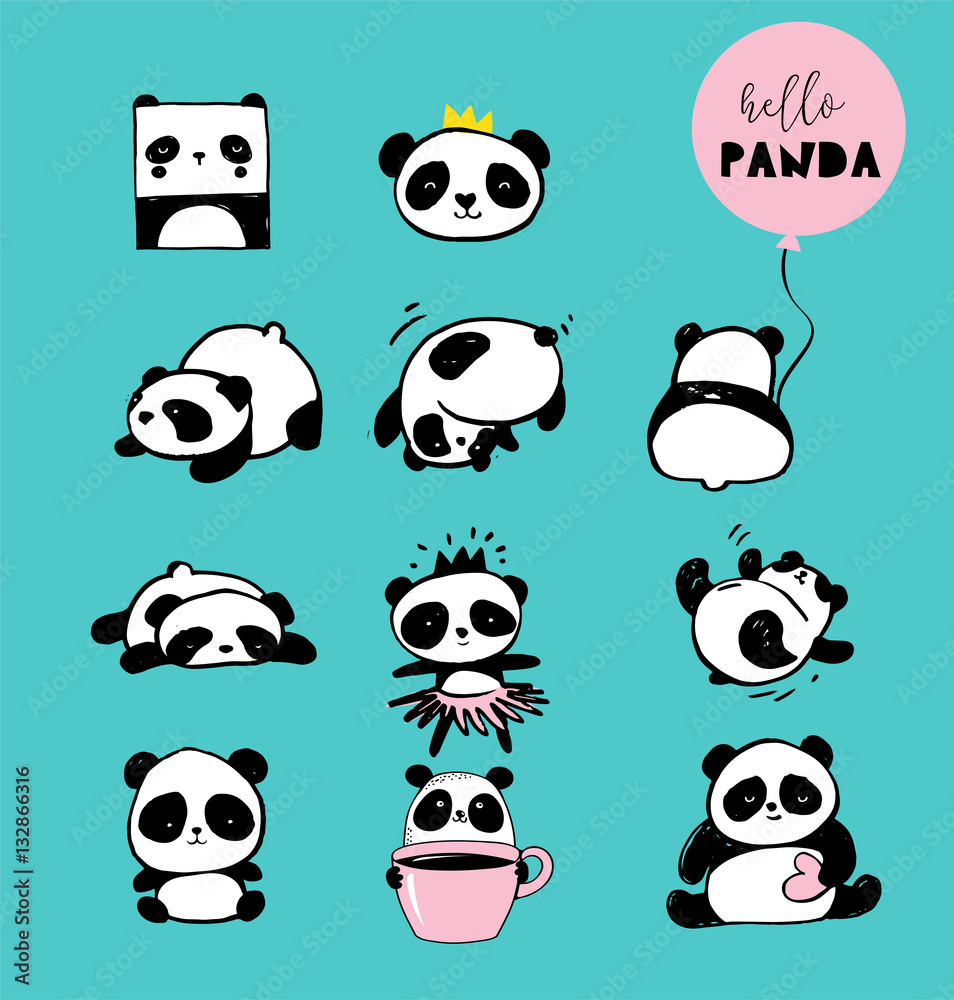Fototapeta premium Słodkie ilustracje Miś Panda, zbiór elementów wektor ręcznie rysowane, ikony czarno-białe