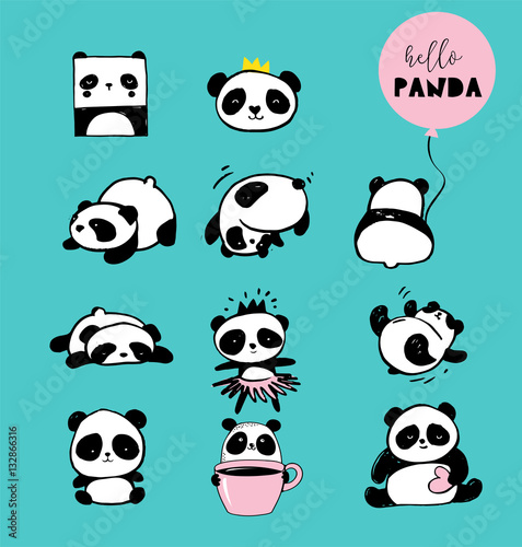 Fototapeta Naklejka Na Ścianę i Meble -  Cute Panda bear illustrations, collection of vector hand drawn elements, black and white icons