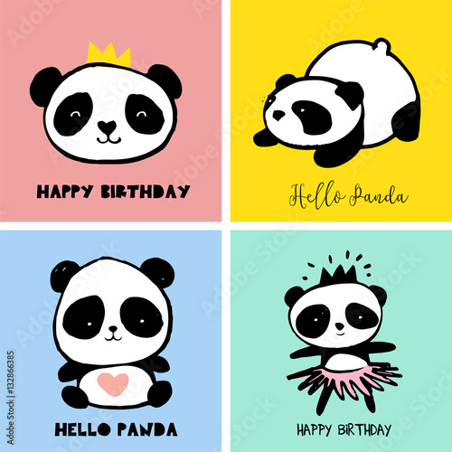 Fototapeta Naklejka Na Ścianę i Meble -  Cute Panda bear illustrations, collection of colorful simple style cards, posters