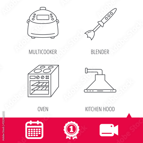 Achievement and video cam signs. Oven, kitchen hood and blender icons. Multicooker linear sign. Calendar icon. Vector