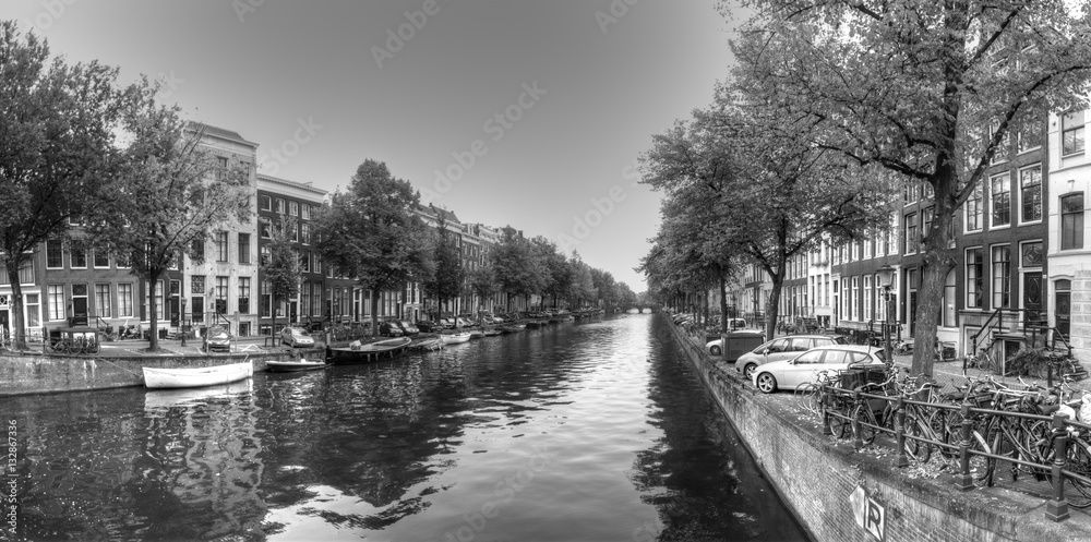 Amsterdam canal in black and white