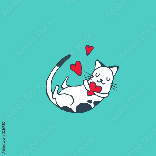 Cute baby cat, kitty in love with hearts - vector hand drawn illustration. Childish kawaii style sketch with small animal. Valentines day romantic greeting card