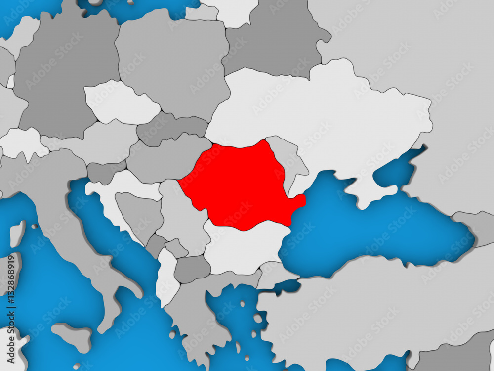 Romania in red on globe