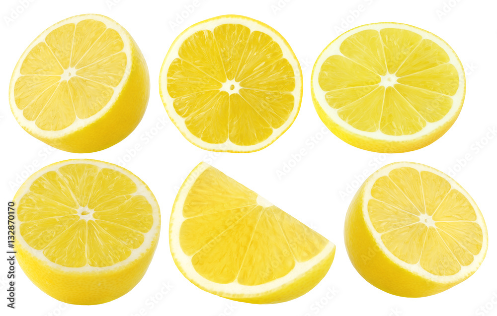 Collection of lemon fruit. Half, slices isolated on white, clipping path