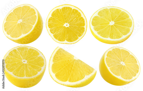 Collection of lemon fruit. Half, slices isolated on white, clipping path