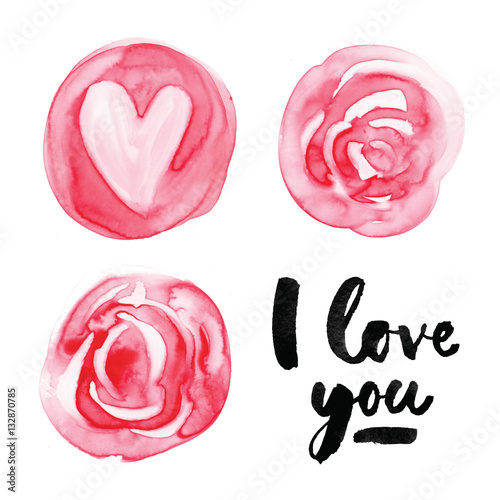 Valentine card. Watercolor painting with hand lettering. I love you. 